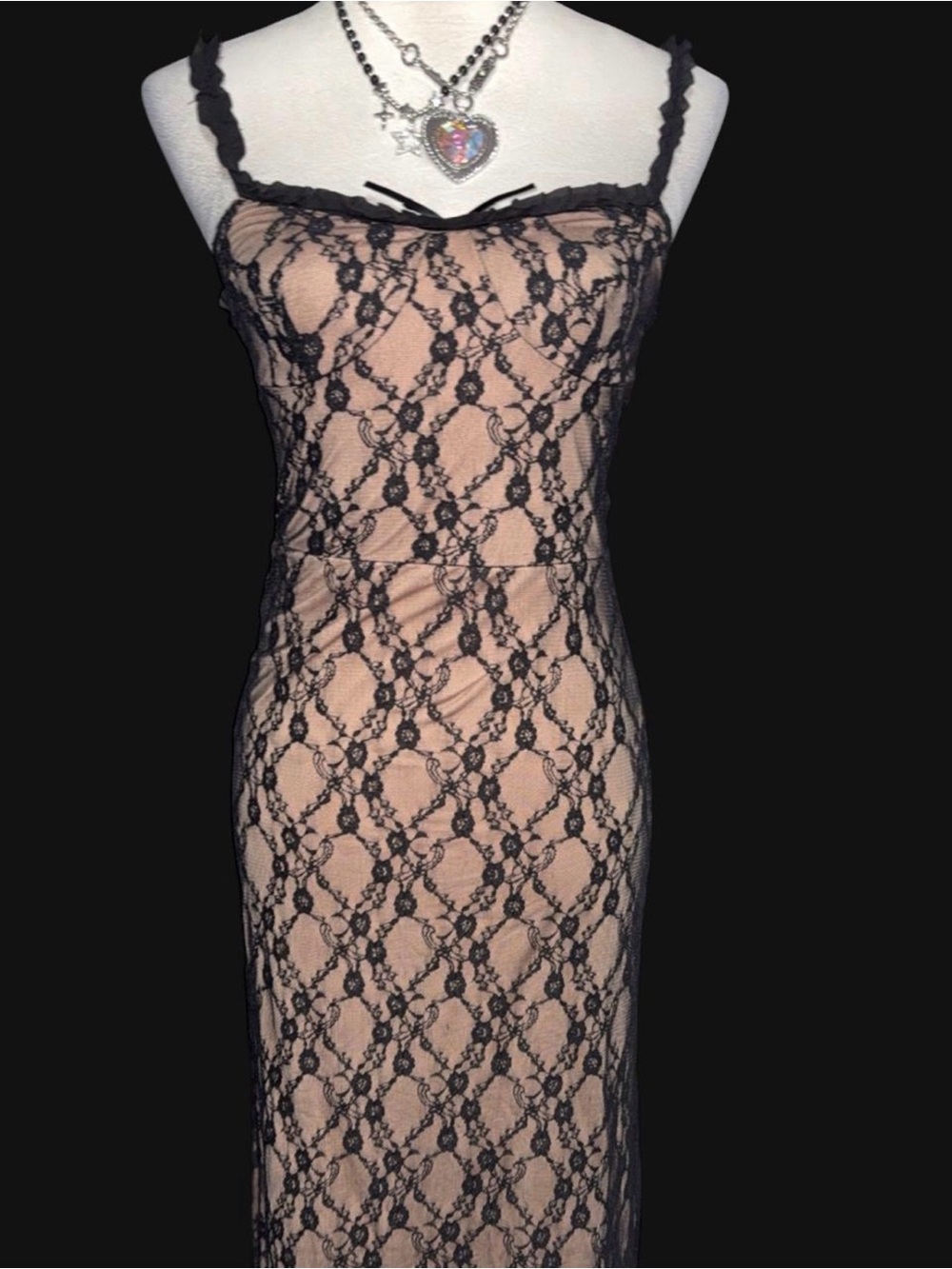 Commense Black Lace Chemise over Nude Slip dress